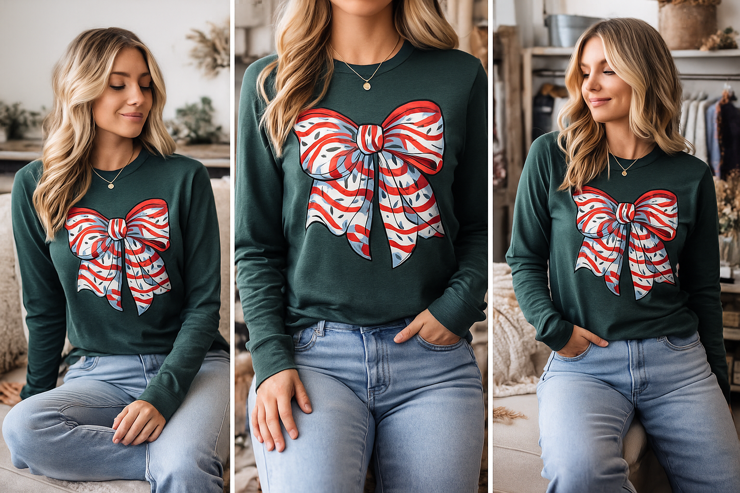 Festive Candy Stripe Bow Long Sleeve Shirt