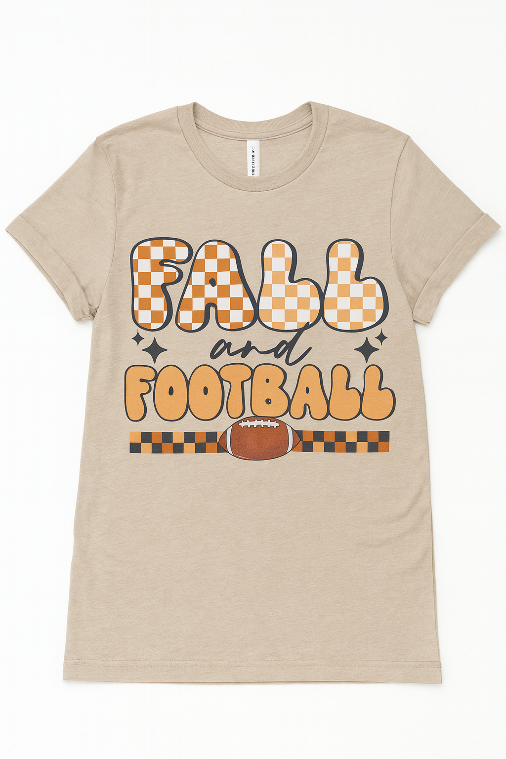 Fall and Football Graphic Tee – Bella Canvas Heather Tan | Checker Print Autumn Shirt