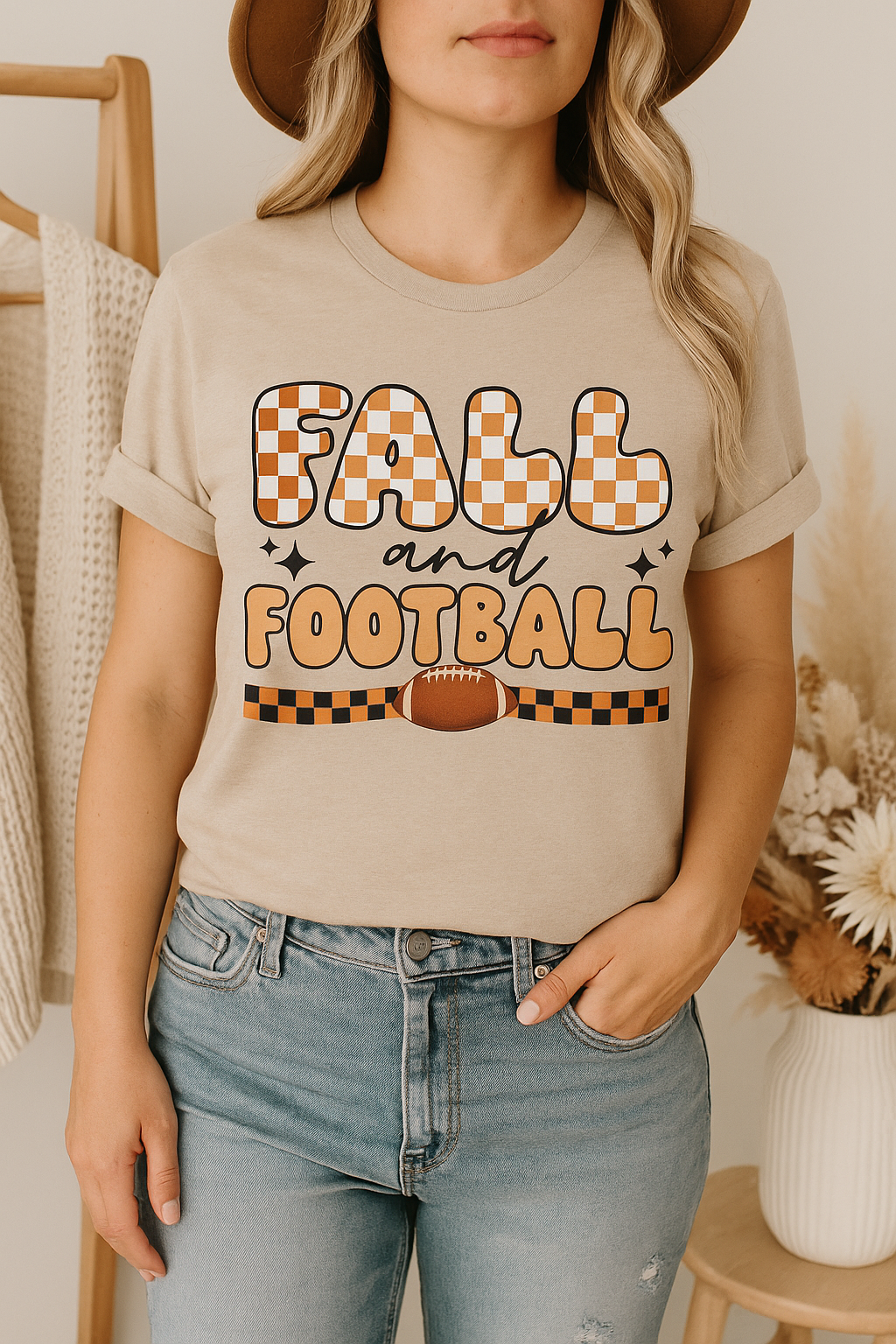 Fall and Football Graphic Tee – Bella Canvas Heather Tan | Checker Print Autumn Shirt