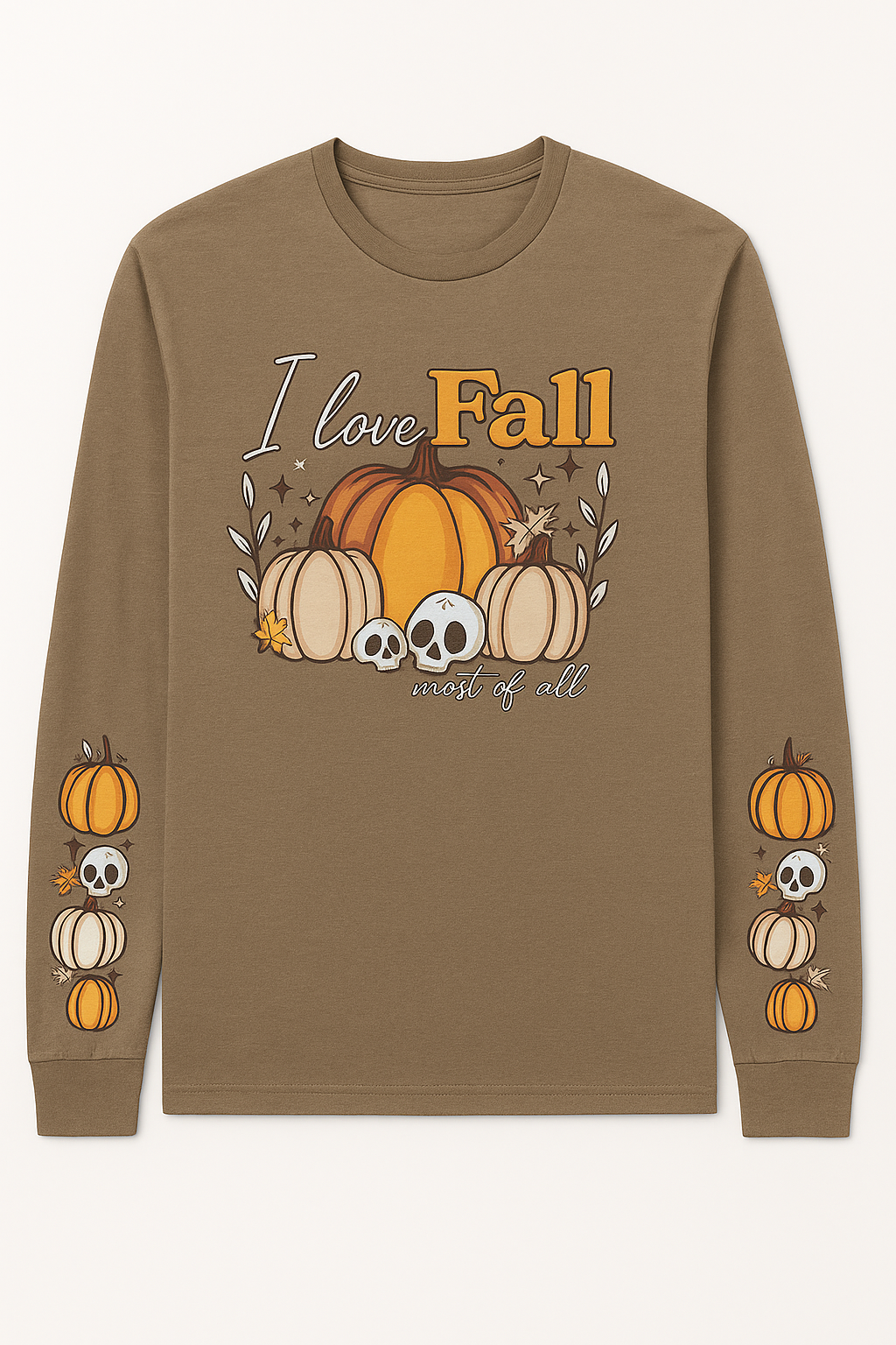 I Love Fall Most of All Long Sleeve – Bella Canvas Vintage Brown | Pumpkin & Skulls Fall Graphic Shirt