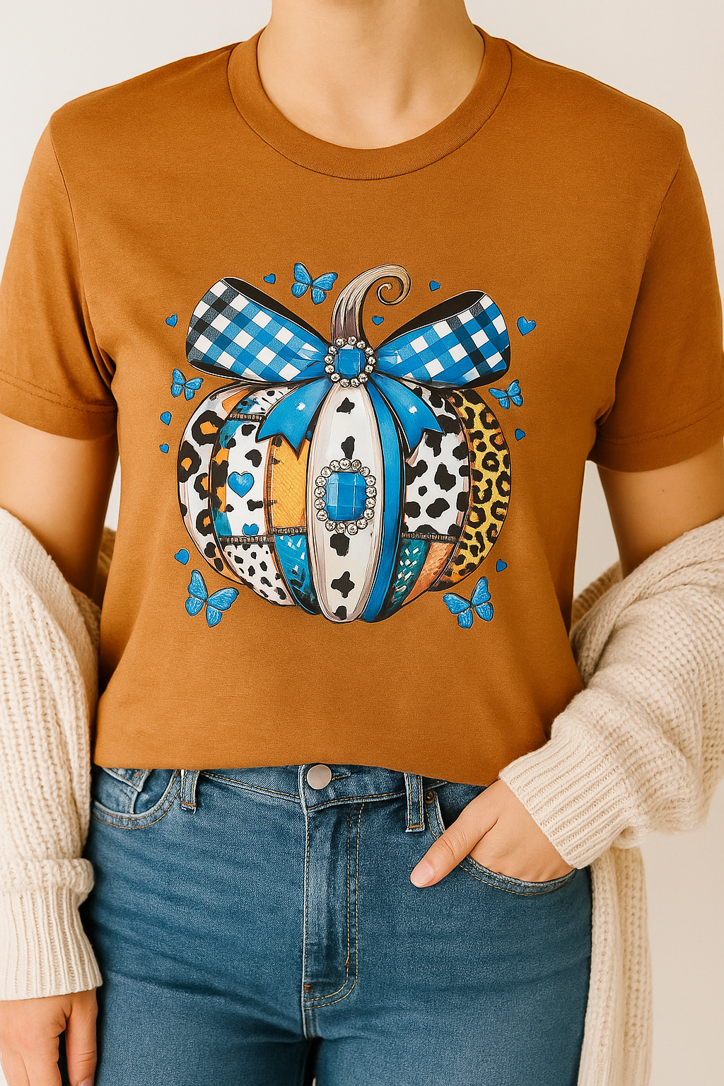 Patchwork Pumpkin Tee – Bella Canvas Heather Autumn | Blue Gem Bow Fall Graphic Shirt