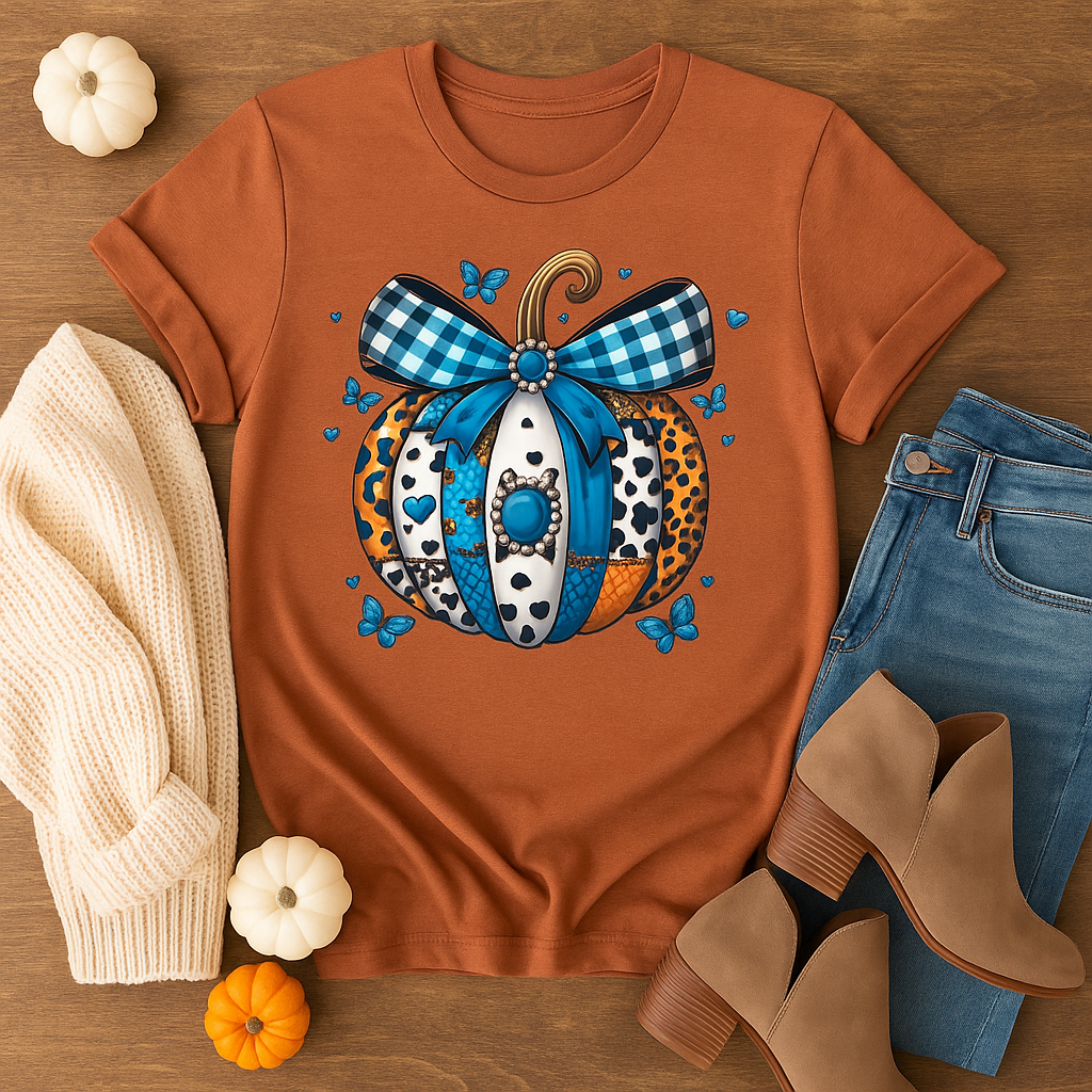 Patchwork Pumpkin Tee – Bella Canvas Heather Autumn | Blue Gem Bow Fall Graphic Shirt