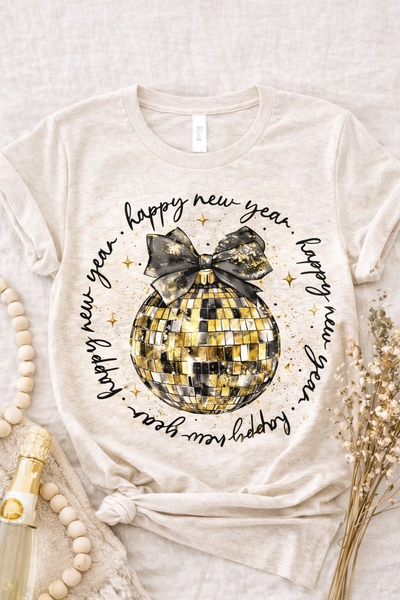 Happy New Year Disco Ball Bow Tee